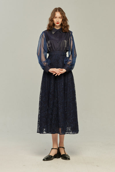 《100年も前からある》ハイウエストフレアレーススカート-Navy