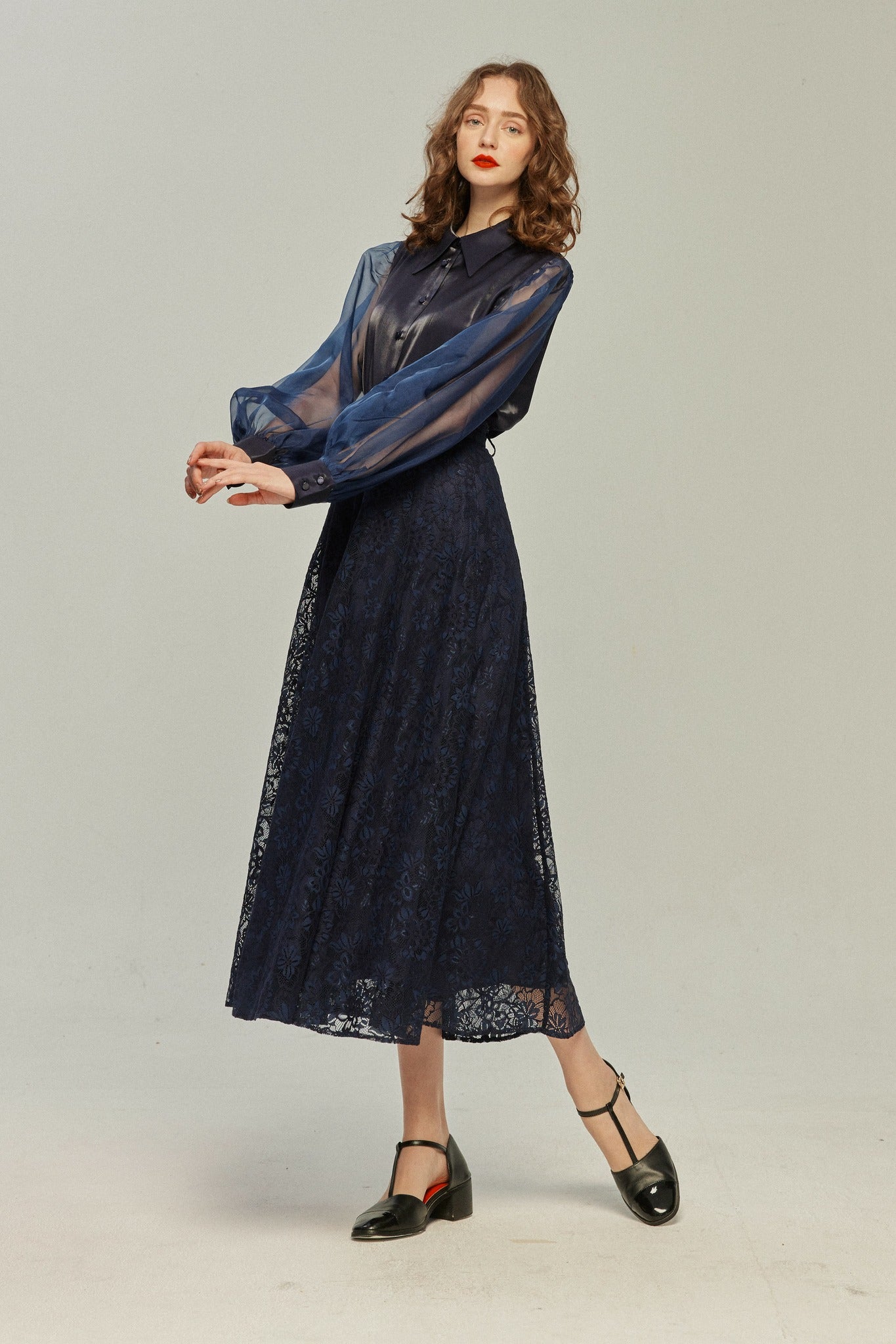 《100年も前からある》ハイウエストフレアレーススカート-Navy