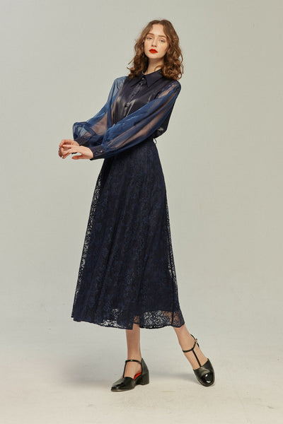 《100年も前からある》ハイウエストフレアレーススカート-Navy