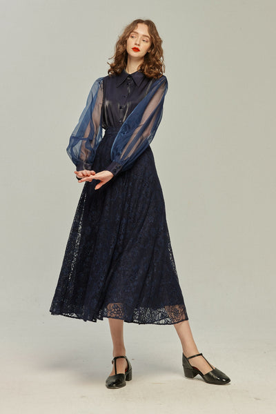 《100年も前からある》ハイウエストフレアレーススカート-Navy