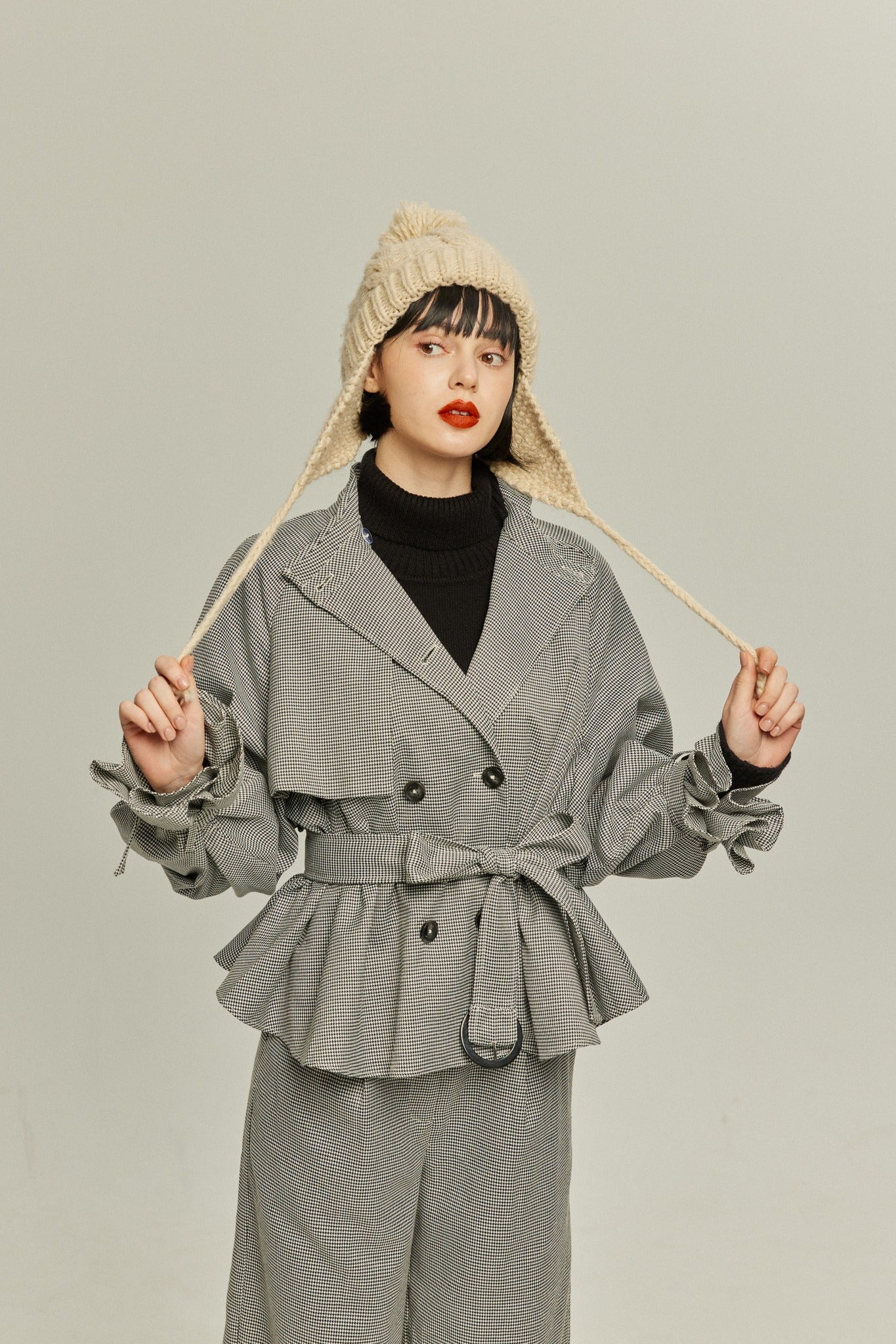 《チャンネルはそのままで》ハイウエストストレートパンツ-Houndstooth check