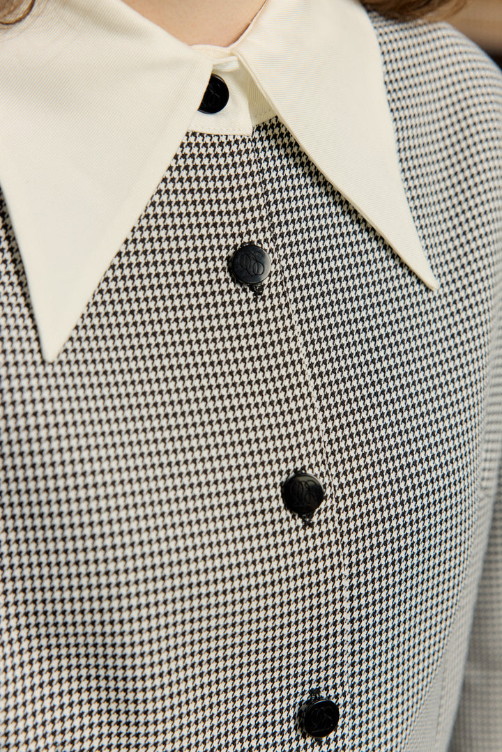 《つい一口食べちゃいました》バリモアカラークロップドブラウス-Houndstooth check