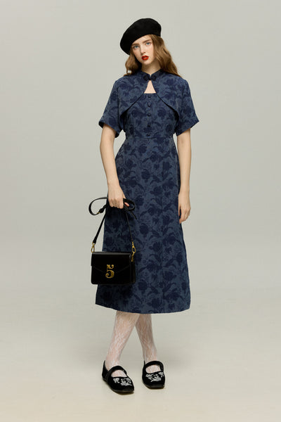 《箸の持ち方》シノワズリパターンドレス-Navy