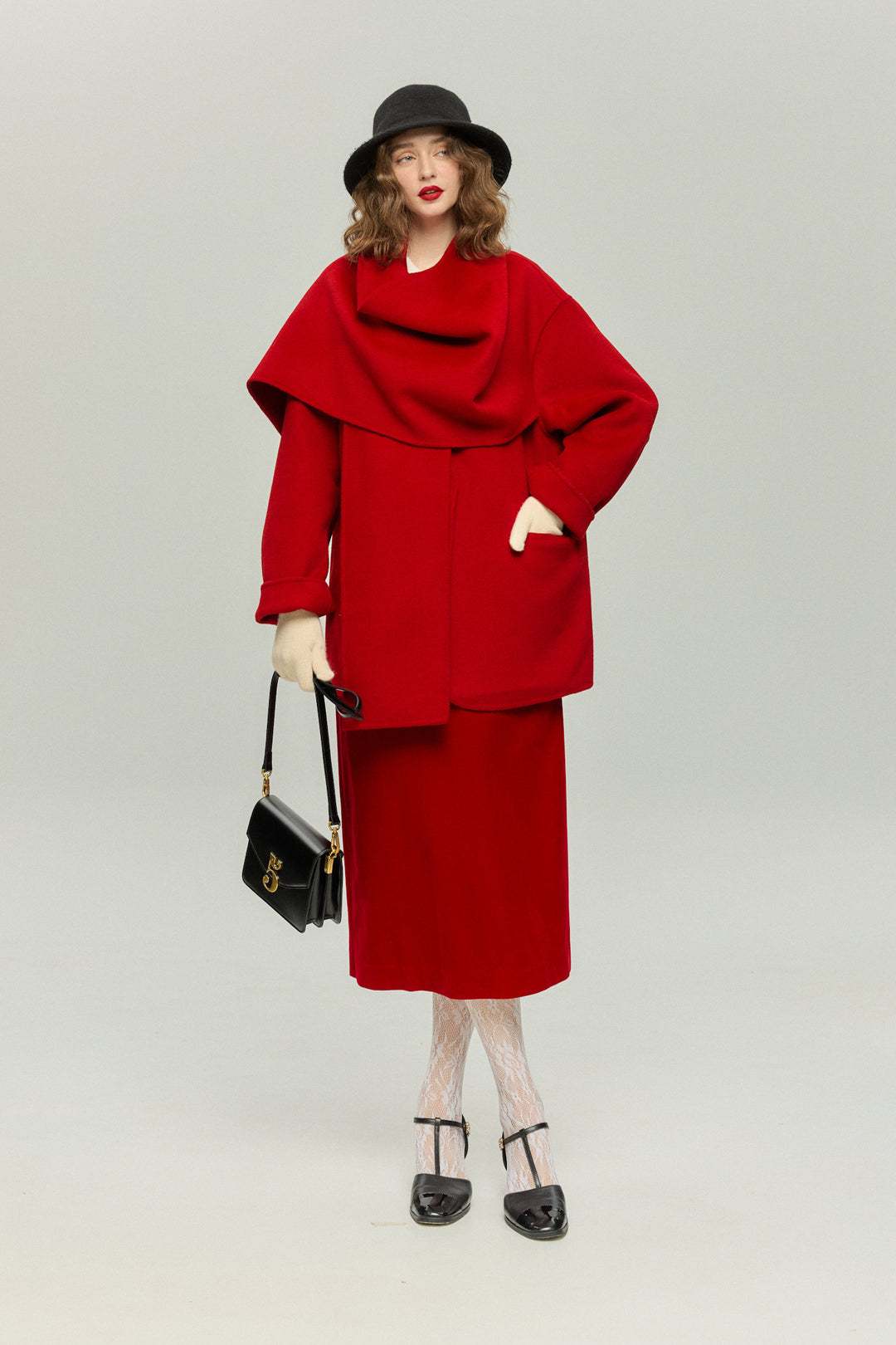 《クリスマスツリーのサイズはどれにする？》ストール風カラーデザインアウター-Red