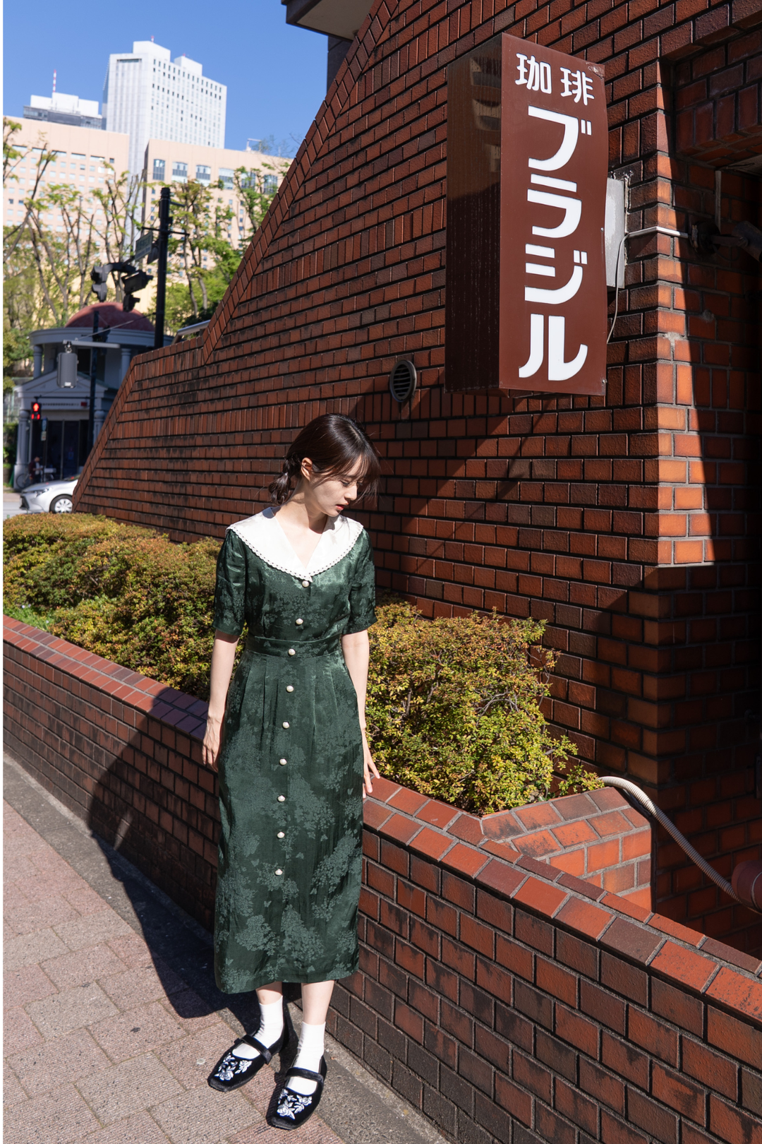 《一籠の包子は何個？》レーストリムジャガードワンピース-Green