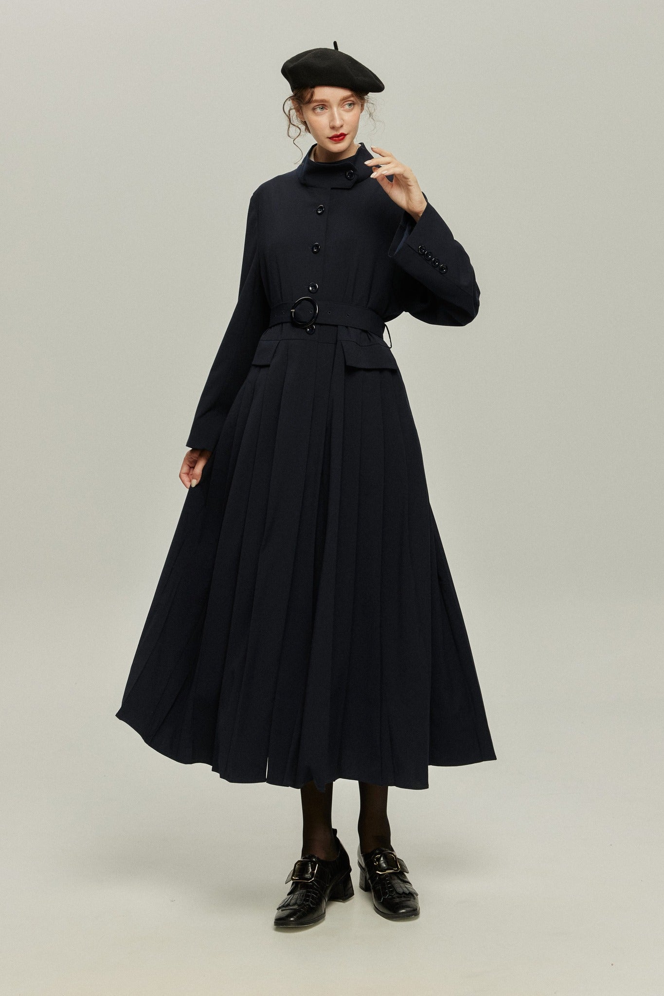 《公園のベンチに一緒に座ろう》ベルト付き2wayジャケットワンピース-Navy