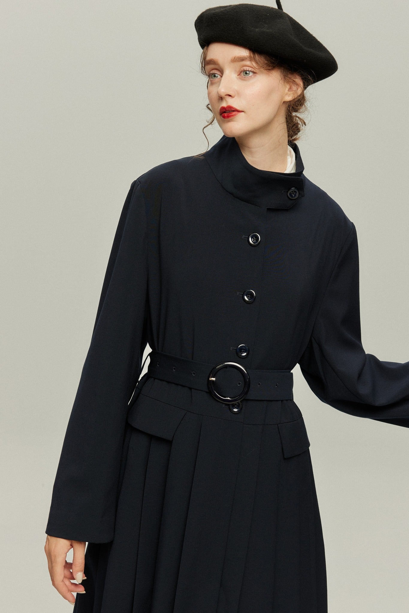 《公園のベンチに一緒に座ろう》ベルト付き2wayジャケットワンピース-Navy