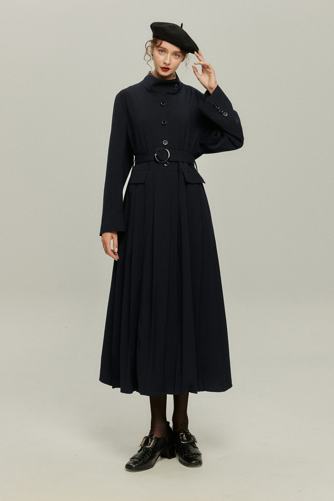 《公園のベンチに一緒に座ろう》ベルト付き2wayジャケットワンピース-Navy