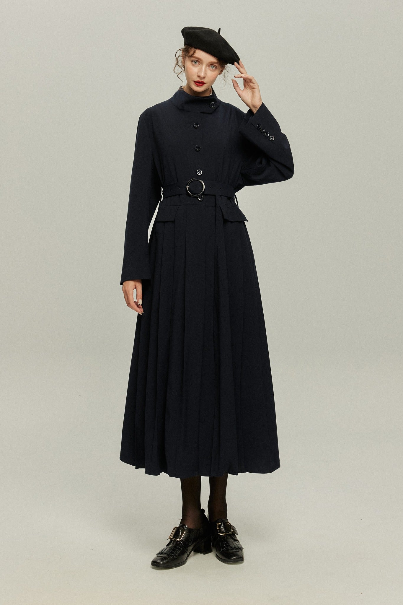 《公園のベンチに一緒に座ろう》ベルト付き2wayジャケットワンピース-Navy