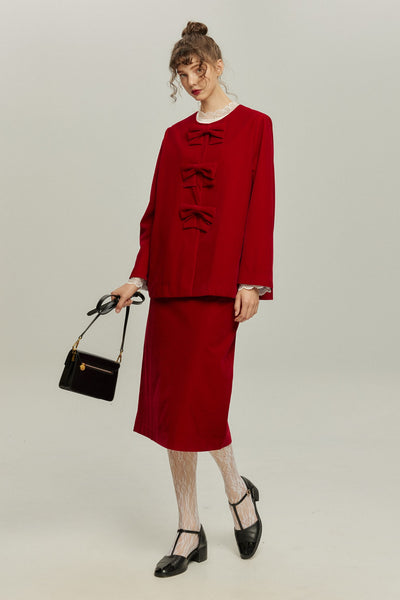 《ケーキは何ピース欲しい？》ベルベットジャカードスカート-Red