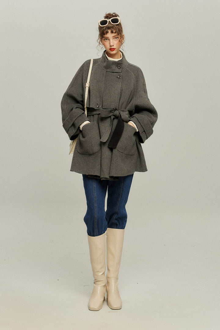《また冷凍食品を食べるの？》襟2wayウールブレンドコート-Gray