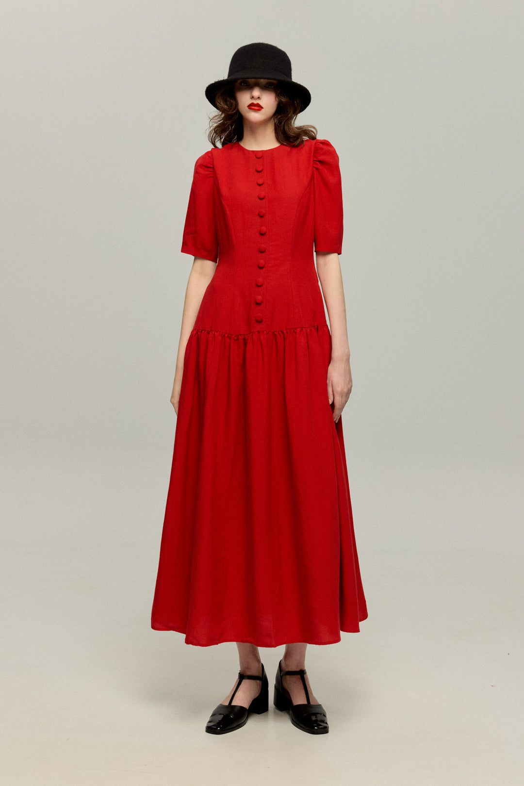 《お耳が長い動物って？》ハイウエストデザインドレス-Red