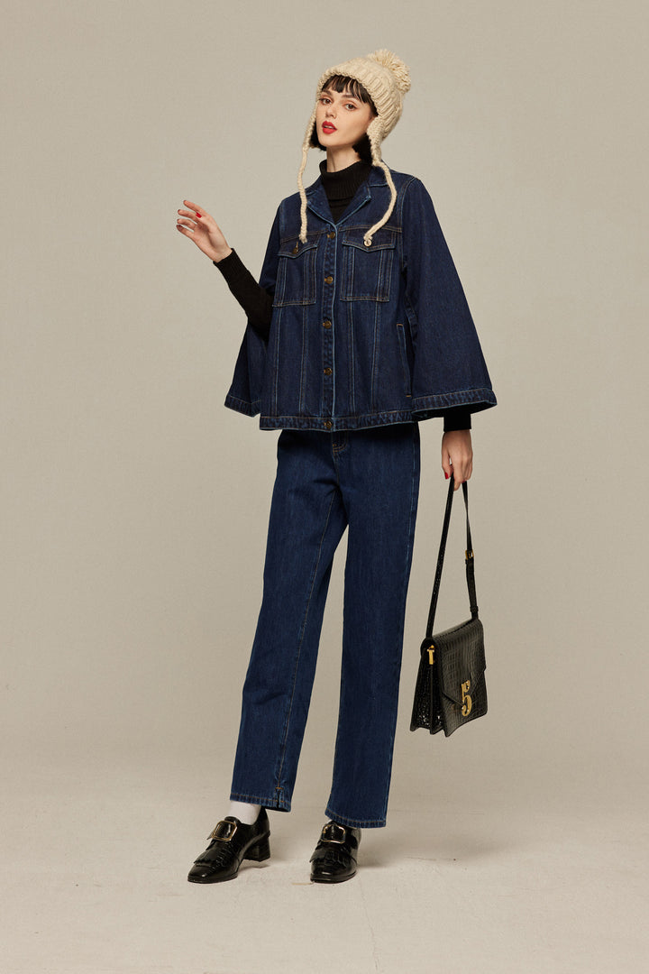 《隕石が落ちてくる》ハイウエストストレートデニムパンツ-Navy