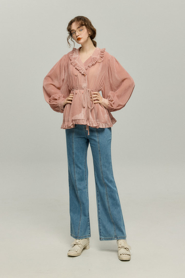 《お城を奪い返しちゃおう》フリルデザインベルベットトップス-Pink