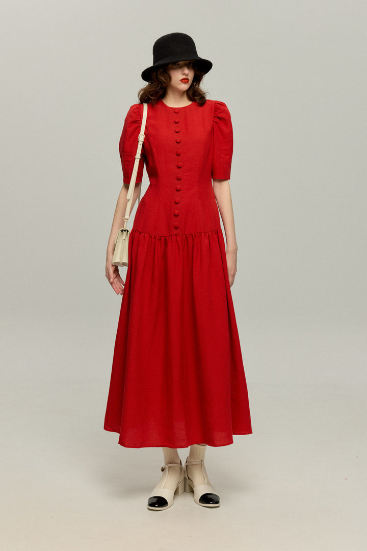 《お耳が長い動物って？》ハイウエストデザインドレス-Red