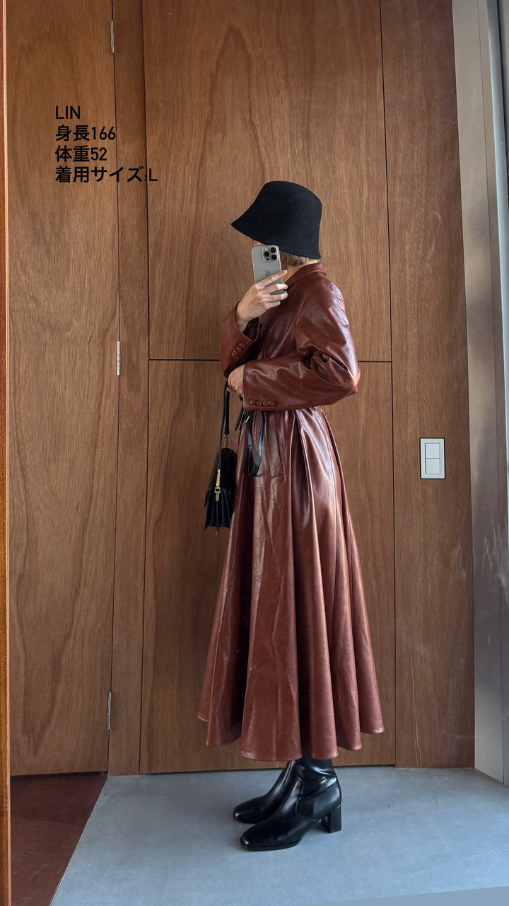 [I started seeing hallucinations] Faux leather long dress coat-Brown