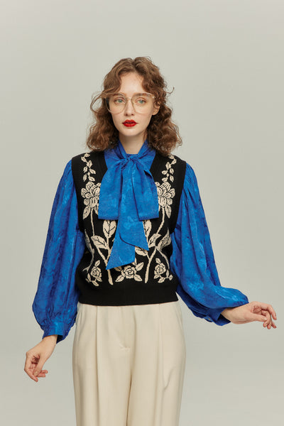 《ソファーにワックスする日》バルーンスリーブリボンタイトップス-Blue