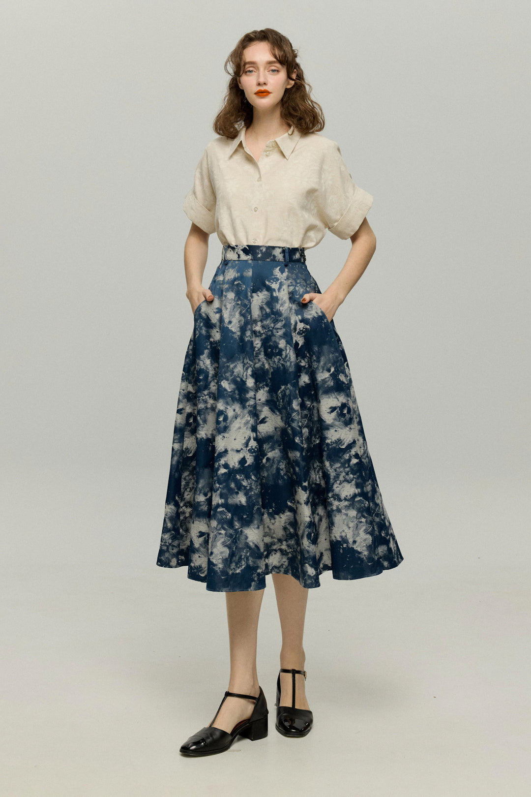 《まずは目隠しをしよう》シノワズリジャガードハイウエストスカート-Navy