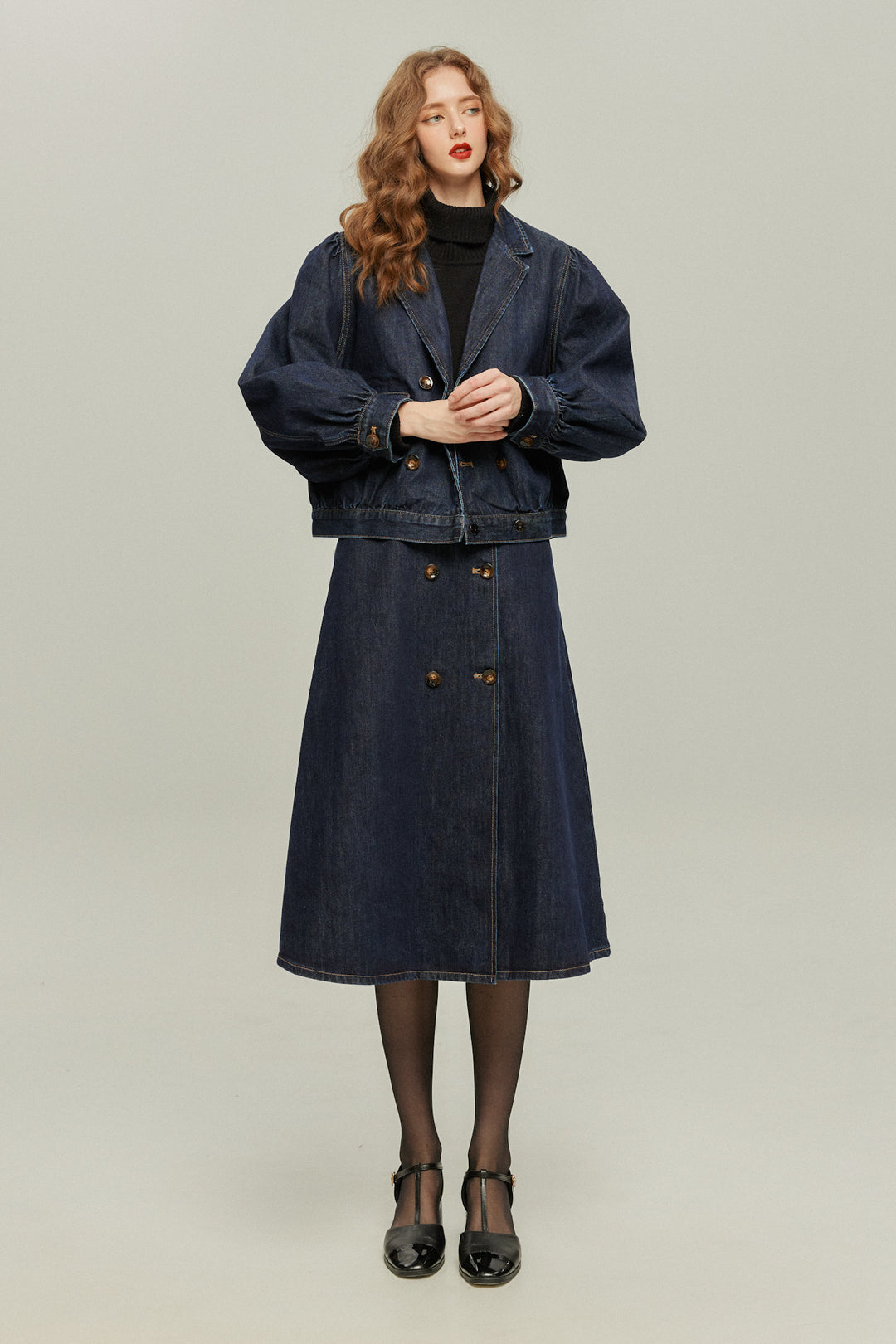 《何階に行きますか？》ダブルブレストデニムスカート-Navy