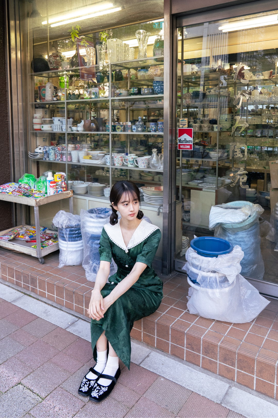 《一籠の包子は何個？》レーストリムジャガードワンピース-Green