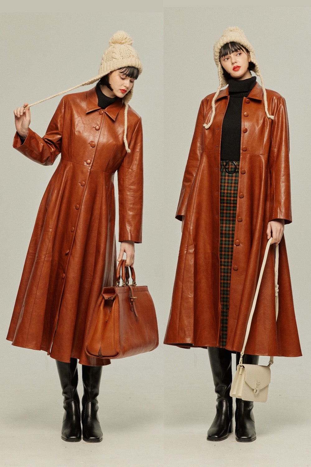 [I started seeing hallucinations] Faux leather long dress coat-Brown