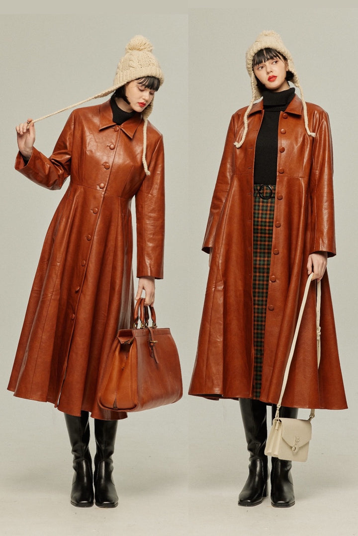 [I started seeing hallucinations] Faux leather long dress coat-Brown