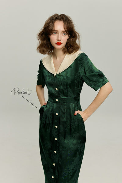《一籠の包子は何個？》レーストリムジャガードワンピース-Green