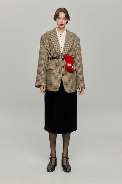 《テディベアの耳をちくちく直す》チェックパターンジャケット-Brown