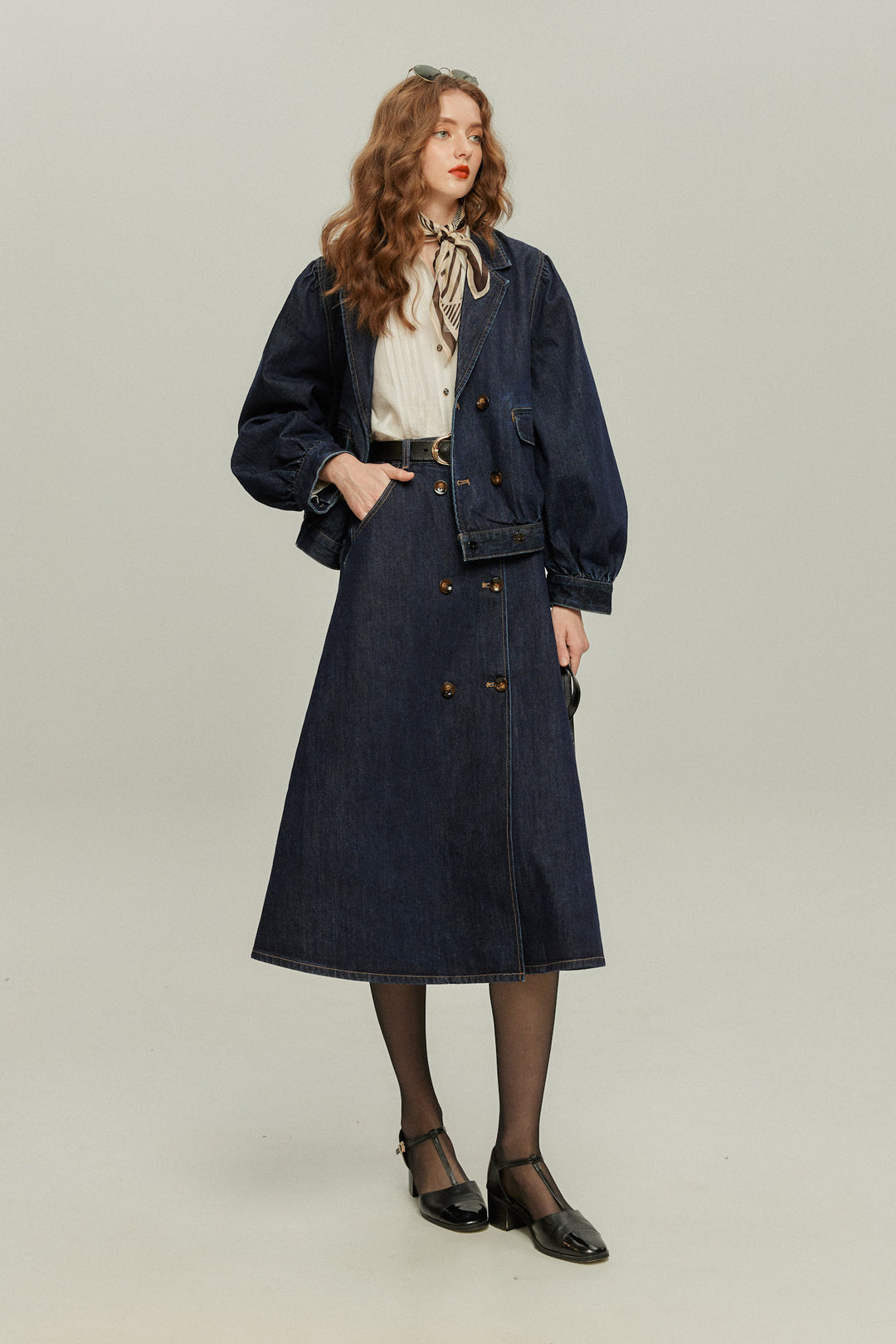 《何階に行きますか？》ダブルブレストデニムスカート-Navy