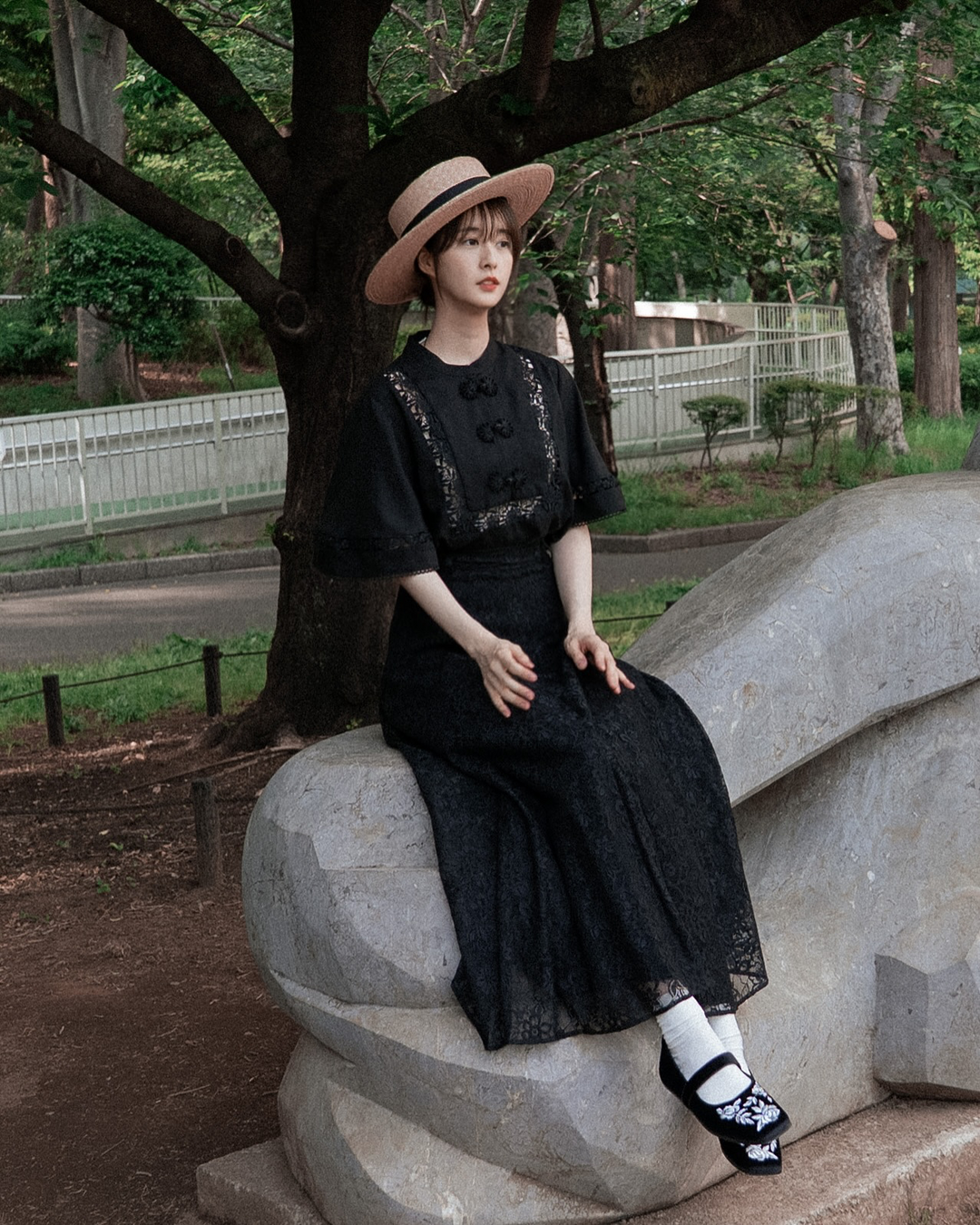 《100年も前からある》ハイウエストフレアレーススカート-Black