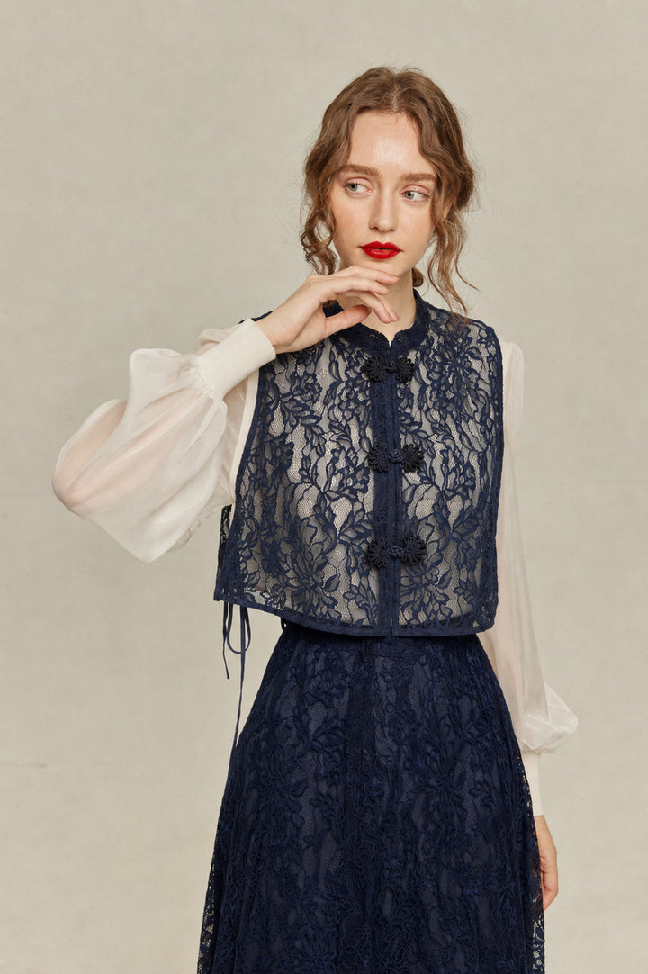 [Existing for 100 years] China buckle sleeveless tops-Navy