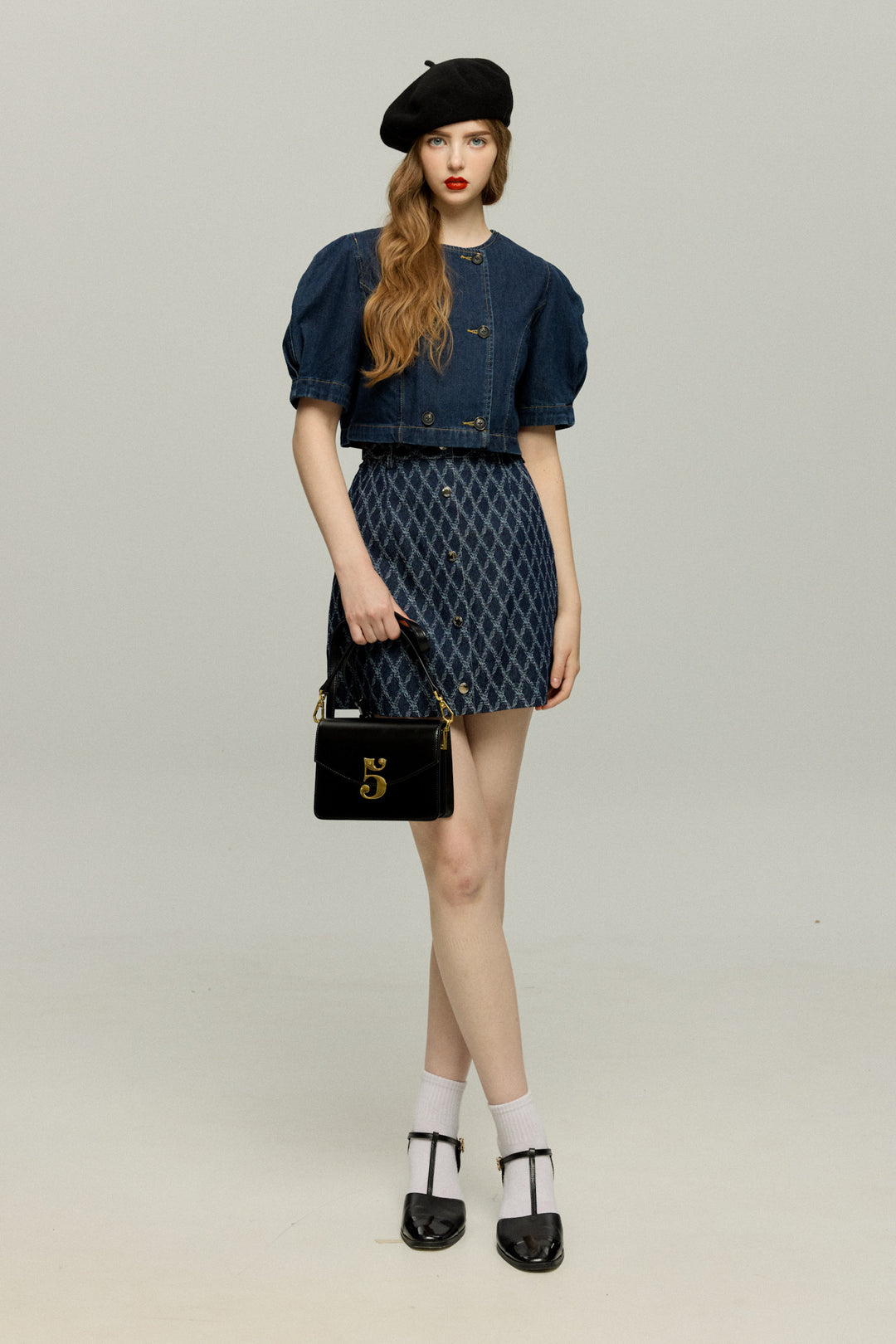 《犬九匹まとめてお散歩中》ダブルブレストデニムトップス-Navy