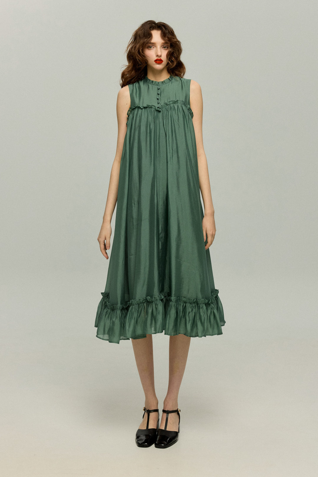 《キラキラ輝く湖面に》ラッフルトリムドレス-Dark green