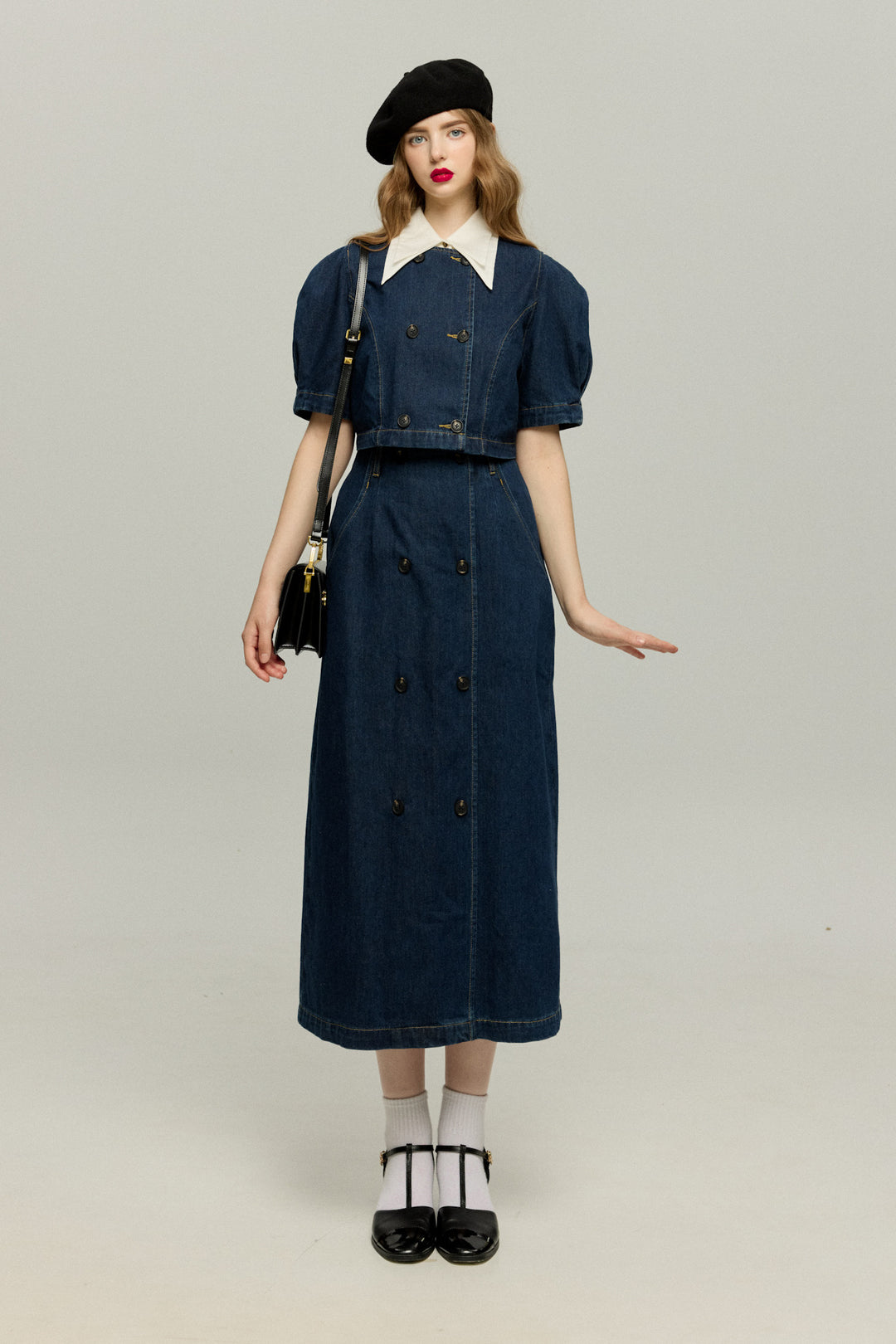 《犬九匹まとめてお散歩中》ダブルブレストハイウエストデニムスカート-Navy