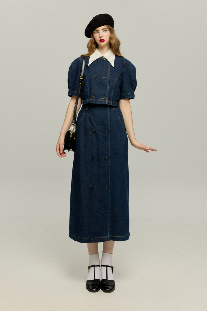 《犬九匹まとめてお散歩中》ダブルブレストハイウエストデニムスカート-Navy