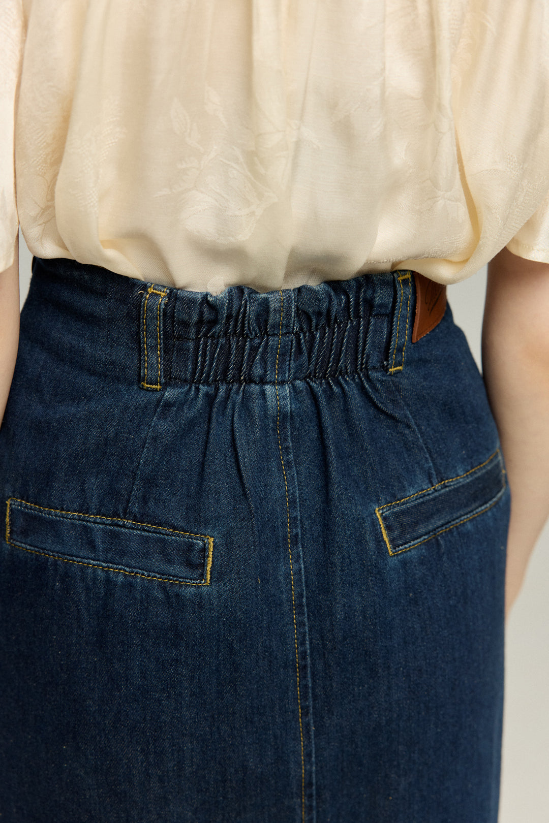 《犬九匹まとめてお散歩中》ダブルブレストハイウエストデニムスカート-Navy