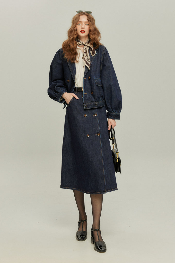 《何階に行きますか？》ダブルブレストデニムスカート-Navy