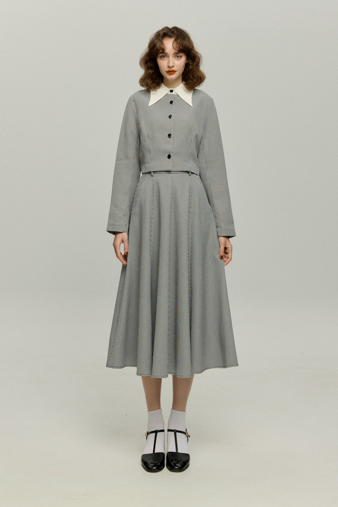 《つい一口食べちゃいました》ハイウエストサーキュラースカート-Houndstooth check
