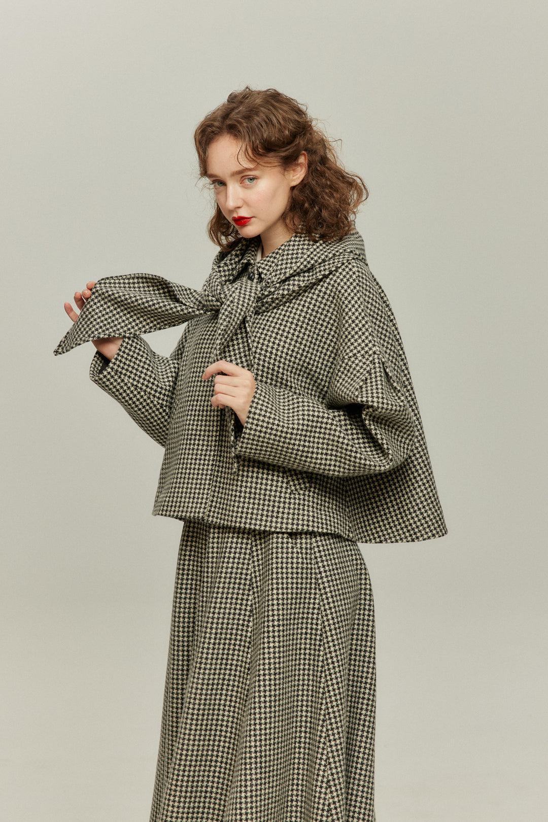 [British Derby Broadcasting] High Waist Check Skirt-Black