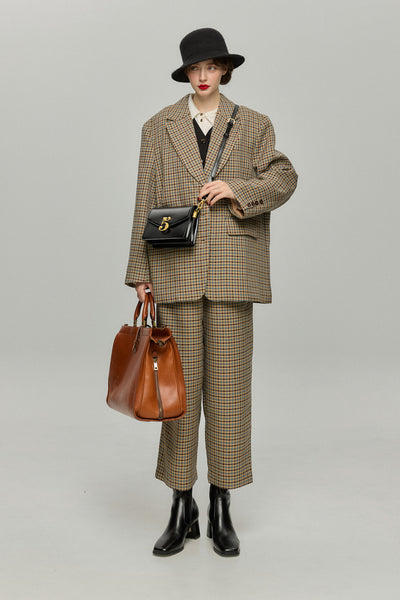 《テディベアの耳をちくちく直す》ハイウエストワイドチェックパンツ-Brown