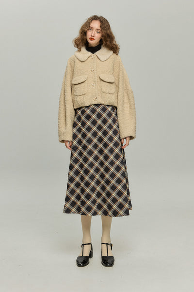 《牛乳配達屋さんに挨拶する》ハイウエストチェックAラインスカート-Navy