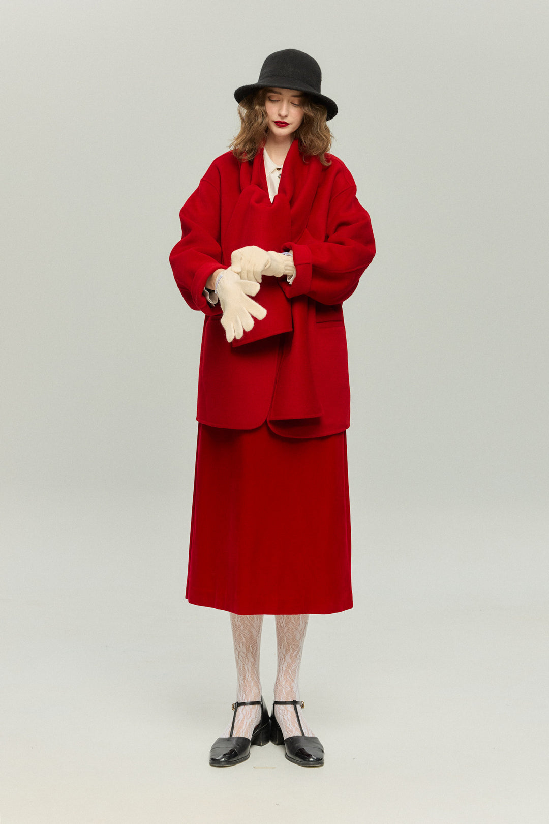 《クリスマスツリーのサイズはどれにする？》ストール風カラーデザインアウター-Red