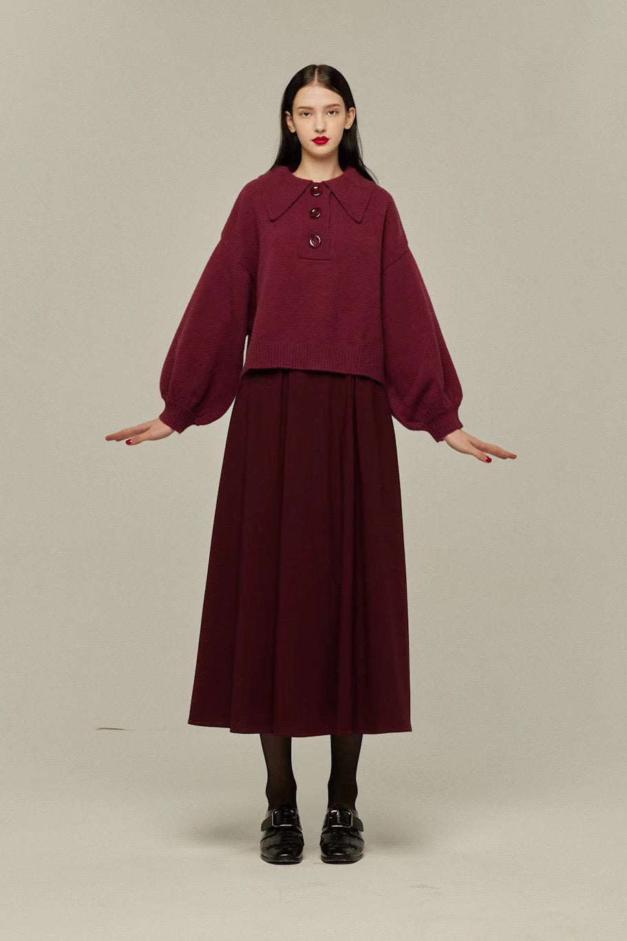"Toy Train" High Waist Box Pleated Long Skirt