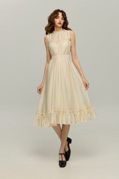 [On the sparkling lake surface] Ruffle trim dress-White