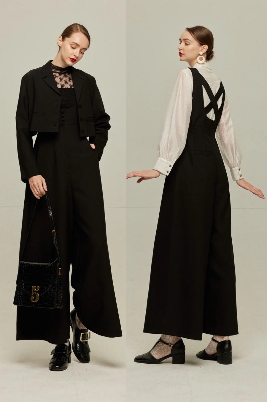《枕の下に隠したラッキーチャーム》ハイウエストデザインバッククロスサロペット-Black