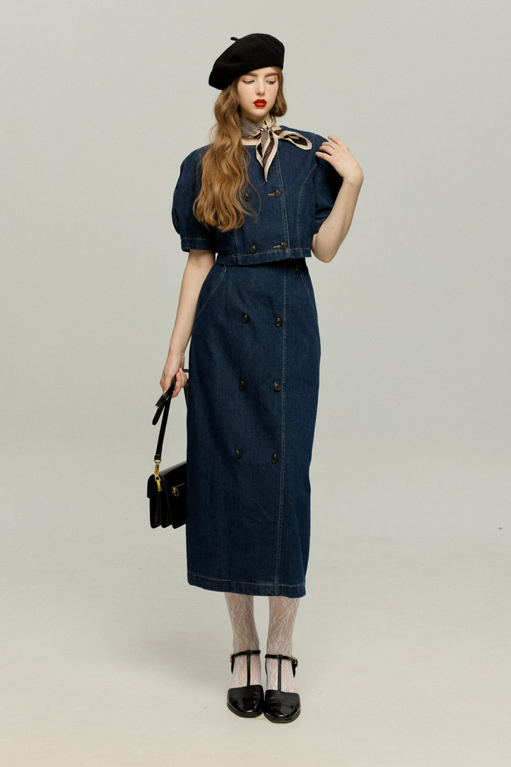 《犬九匹まとめてお散歩中》ダブルブレストハイウエストデニムスカート-Navy