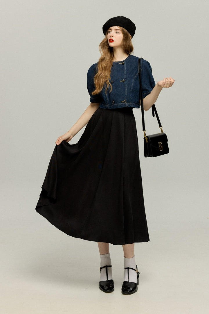 《犬九匹まとめてお散歩中》ダブルブレストデニムトップス-Navy
