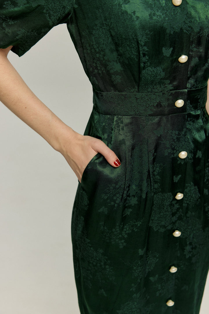 《一籠の包子は何個？》レーストリムジャガードワンピース-Green