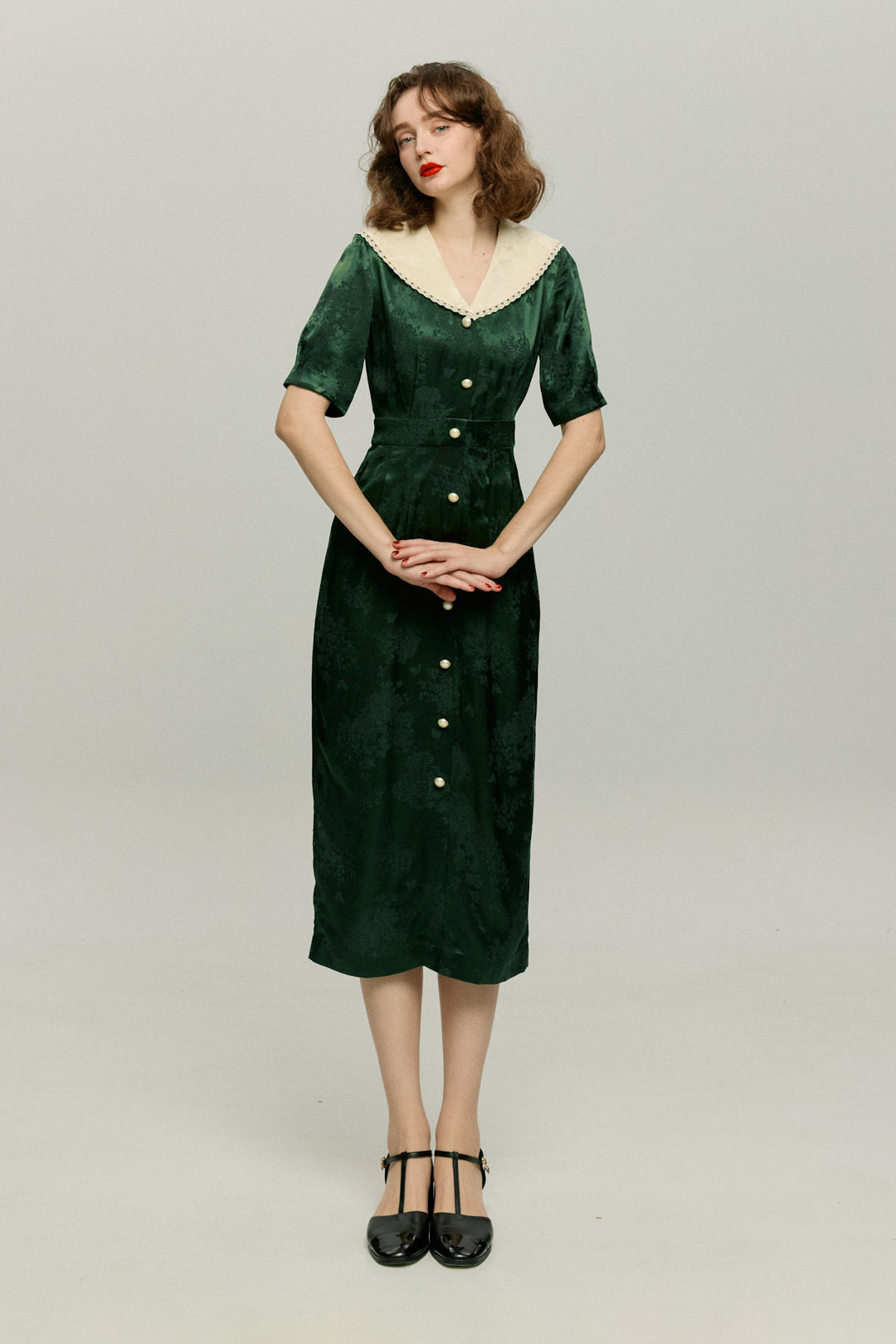 《一籠の包子は何個？》レーストリムジャガードワンピース-Green