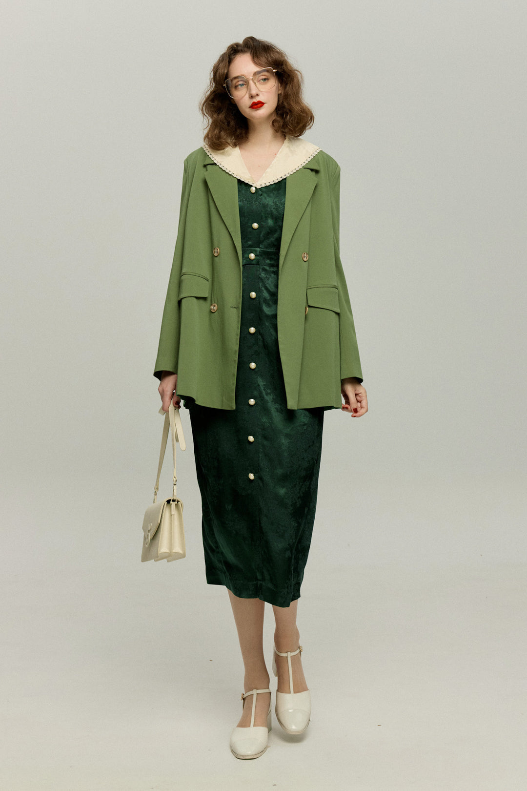 《一籠の包子は何個？》レーストリムジャガードワンピース-Green